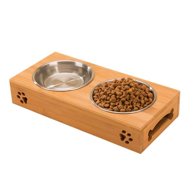 Bamboo Pet Feeder Stainless Steel Bowl Food Water Dish