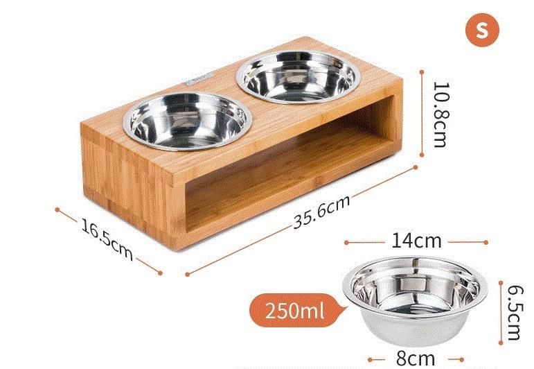 Acacia Wood Dog Cat Pet Feeder & Double Stainless Steel Bowls