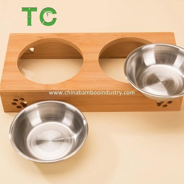 Customized Bamboo Pet Bowl Stand Elevated Dog Bowls with 2 Stainless Steel Bowls