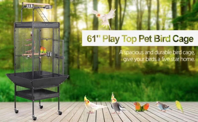 Wrought Iron Open Play Top Perch with Rolling Stand Castor Wheels Feeding Bowl for Parrot Cockatiel Finch Pet House Wholesale Large Bird Cage