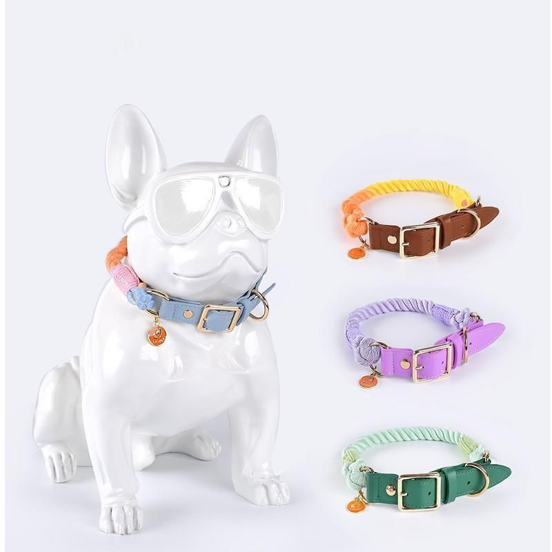 Best Selling Product Rope Cotton Pet Collars Special Colorful Handmade Cotton Braided Rope Dog Collar with Leather