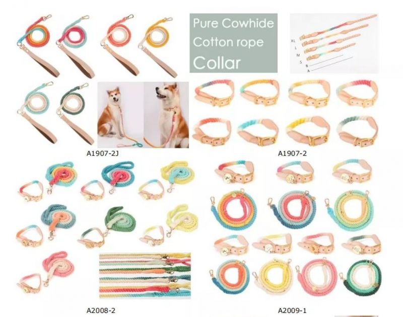Luxury Cow Leather Organic Natural Cotton Braided Dog Climbing Rope Collar and Leash Set