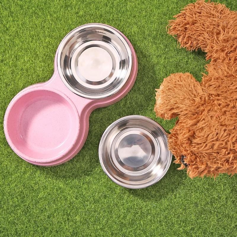 Double Bowls Dog Food Water Feeder Stainless Steel Pet Bowl