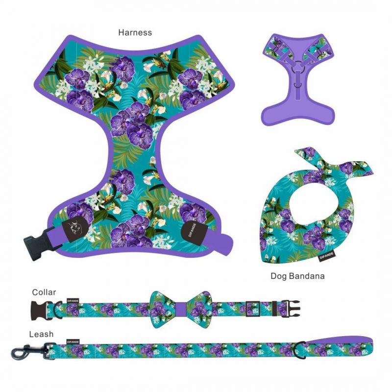 Custom Pattern Logo Reflective Reversible Luxury Pet Dog Vest Collars Harness and Leash Pet Products Set with Bow Tie Bandana