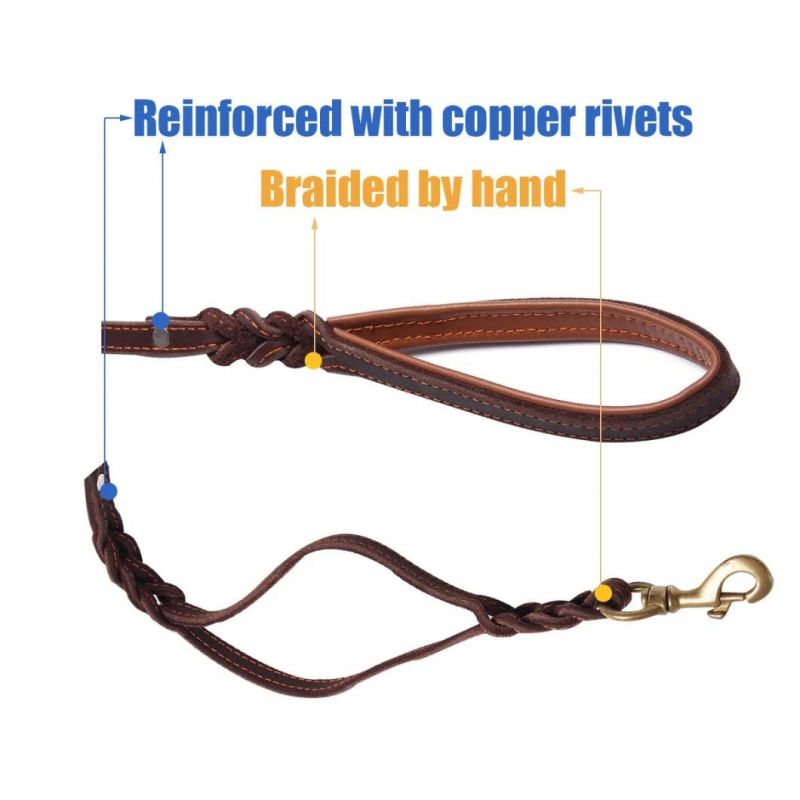 Heavy Duty Leather Dog Leash with 2 Handles, Padded Traffic Handle for Extra Control, 6FT Dog Training Walking Leashes