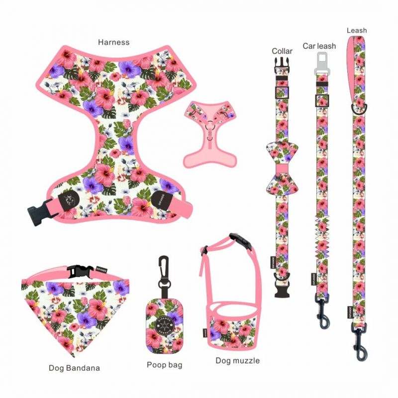 New Design Custom Printed Pet Collar Leash Neoprene Dog Harness Set with Poop Bag Holder