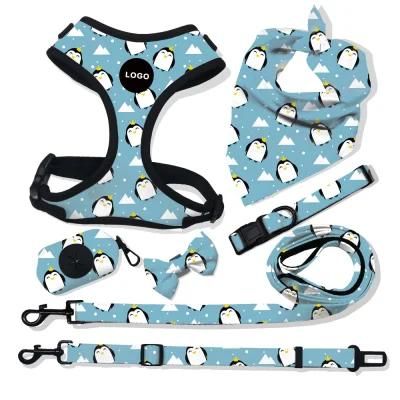 Customized Printing Design Breathable Reversible Soft Mesh Dog Harness with Match Collar Leash Bandana Set/Pet Products