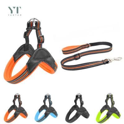 Custom Logo Luxury Designers Adjustable Reflective Leather Dog Harness and Leash