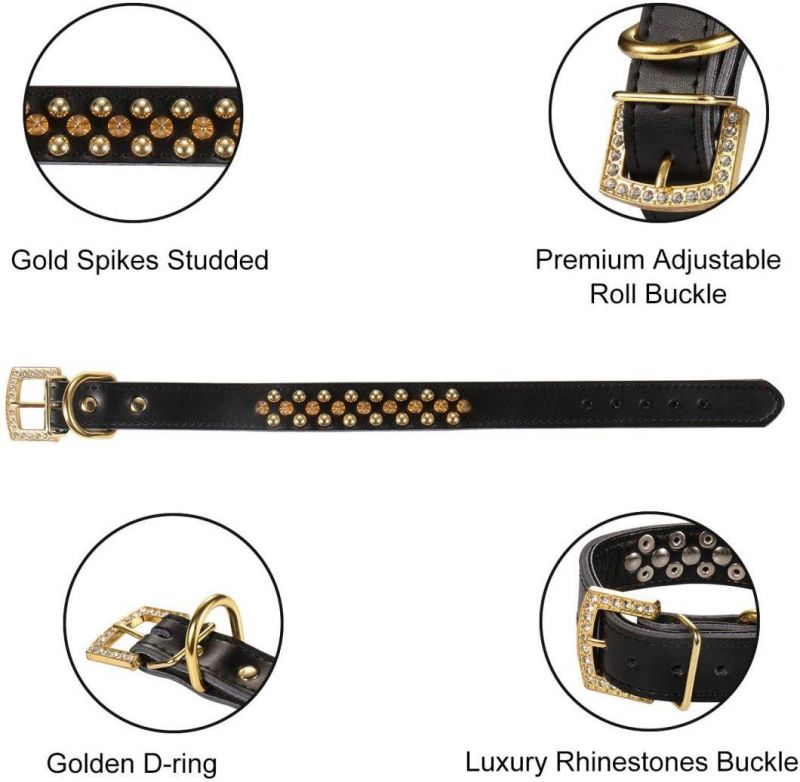 Luxury Gold Rhinestones Buckle Soft Leather Mushrooms Rivet Dog Collar