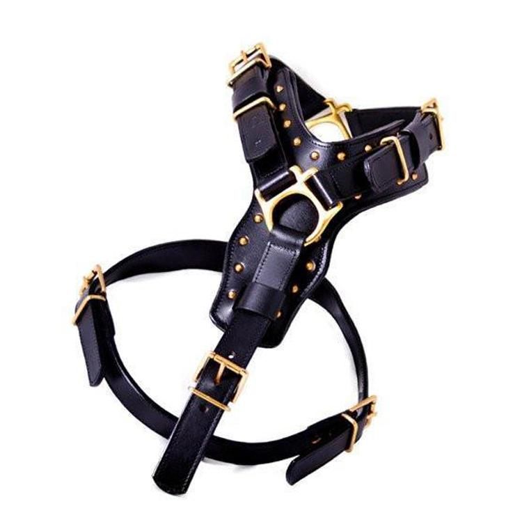 Luxury High Duty Leather Chest Pet Dog Harness Vest Adjustable Black Brass Faux
