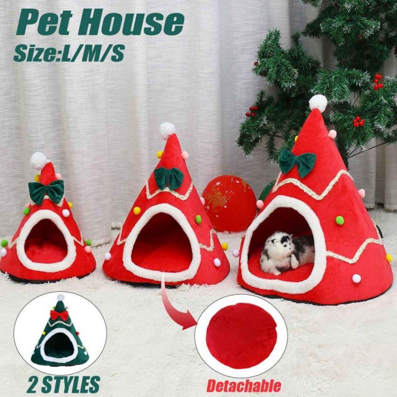 Christmas Tree Shape Dog Cat Bed House Home Warm Sleeping Bed Half Closed Bed