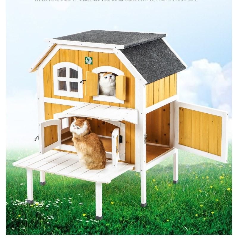 Cat Villa Wooden Deluxe Elevated Cat House with Porch and Balcony