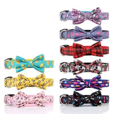 Customized All Size Dog Luxury Pattern Dog Bow Tie Durable Fabric Webbing Leash Dog Collar