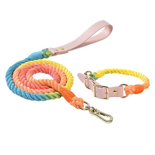 Long Dog Training Leash Slip Rope No Pull Cotton Ombre Woven Strong Running Dog Leash Collar Set