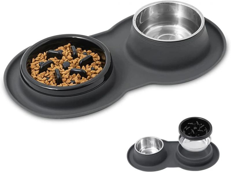 No Spill Silicone Stainless Steel Food Water Cats Bowl