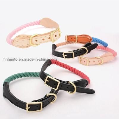 Luxury Cow Leather Organic Natural Cotton Braided Dog Climbing Rope Collar and Leash Set