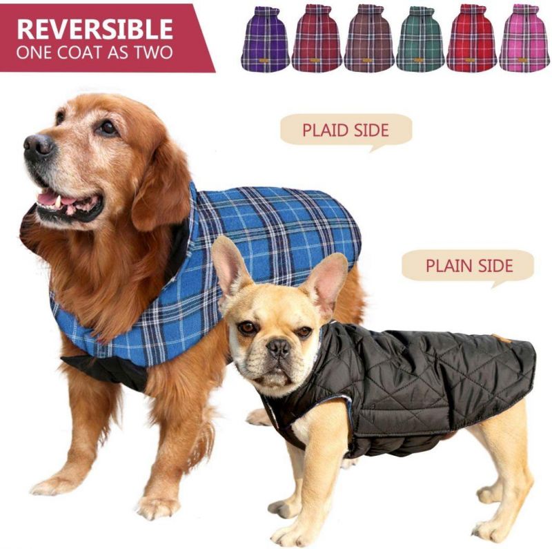 Waterproof Windproof Reversible British Style Plaid Dog Vest Winter Coat Warm Dog Apparel for Cold Weather with Furry Collar