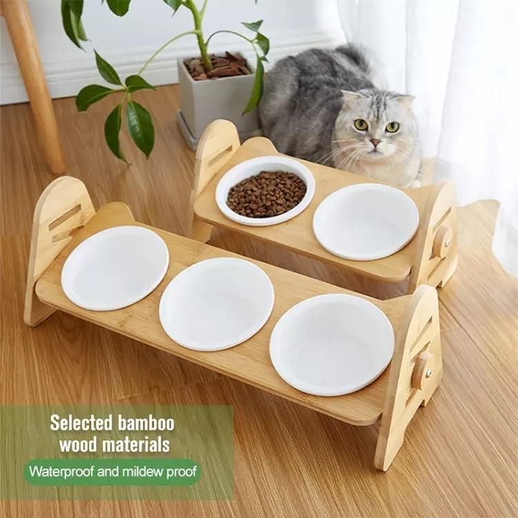 High Quality Adjustable Bamboo Elevated Dog Cat Food Bowl Pet Feeder