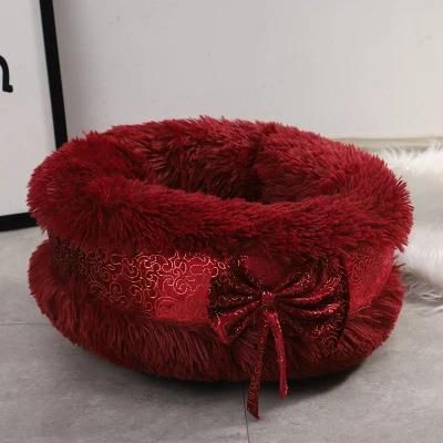 Cat Nest Winter Warm Round Bow Plush Cute Dog Nest Cat Nest Semi-Closed Dog Mat Pet Products