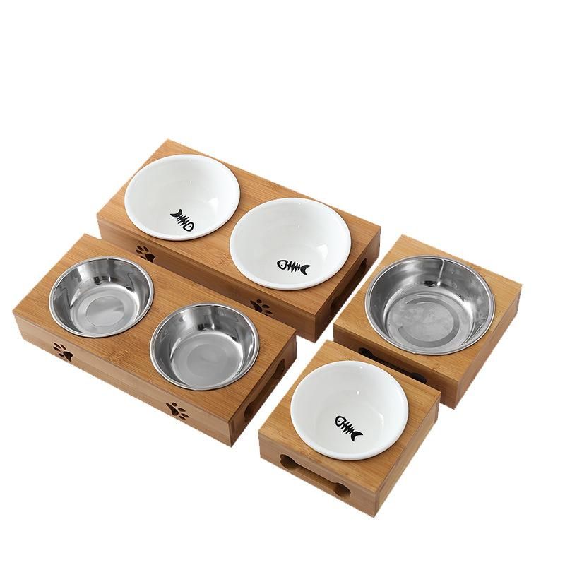 Wood Dog Cat Pet Feeder Stand with Double Bowls Pet Food Feeding Tray