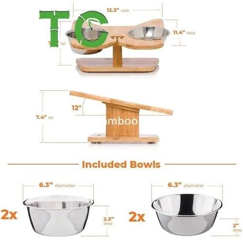 Wholesale Bamboo Raised Pet Feeder Elevated Cat Bowl Stand - 2 Stainless Steel Cat Bowls