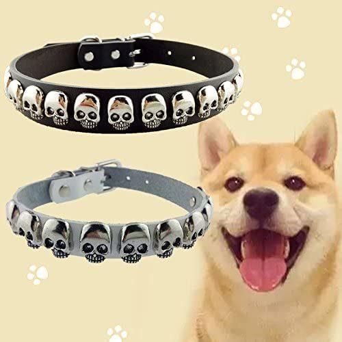 Pet Dog PU Leather Collar with Fashion Cool Skull Studded Adjustable Soft Dog Collar