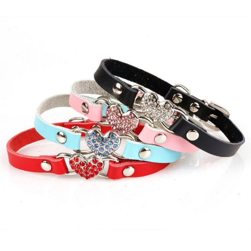 Adjustable Leather Pet Collar with Rhinestone Heart-Shaped Pet Collar