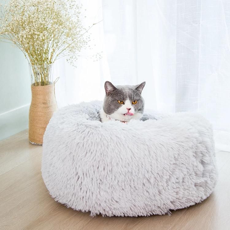 Hotsale Cute Cushion Soft Warm Colorful Long Plush Round Kennel Doughnut Dog Cat Pet Bed