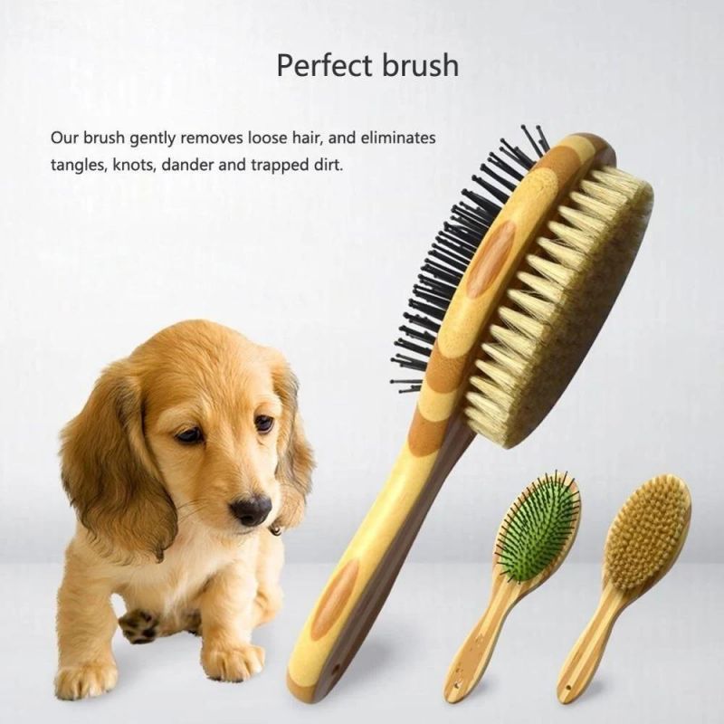 Double Sided Pet Grooming Bath Brush Natural Bristle Bamboo Comb Removes Loose Fur & Dirt