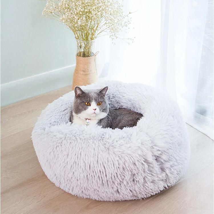 Hotsale Cute Cushion Soft Warm Colorful Long Plush Round Kennel Doughnut Dog Cat Pet Bed