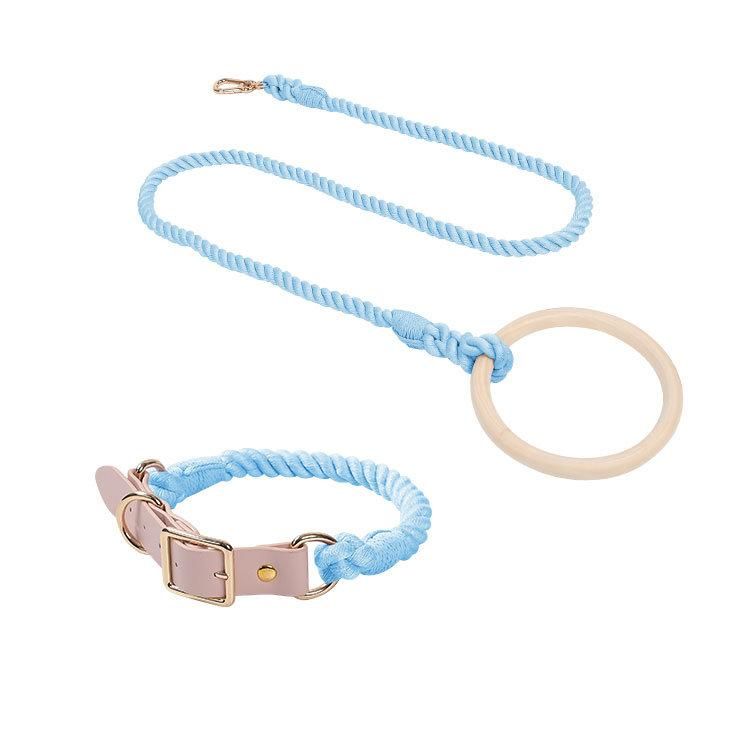 Dropshipping Hot Sale Stocked Designer Luxury Dog Leads Wooden Handle with Colorful Braided Rope Dog Leash and Dog Collar Set