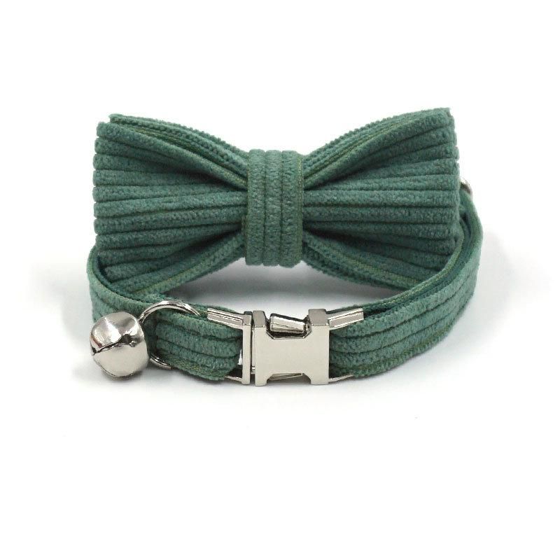 Unique Design Factory Price Cute Cat Collar with Bell Matched Bow Tie Custom Dark Green Corduroy Personalized Kitten Collars