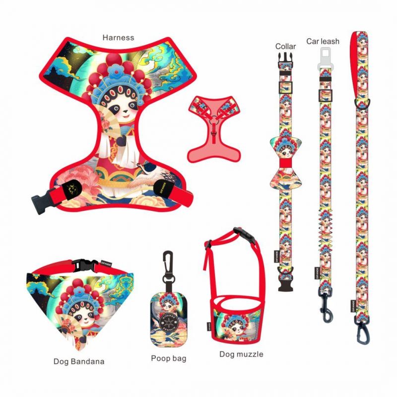 6 in 1 Custom Design Dog Harness with Matching Collar Leash Bow Tie and Bandana Set Neoprene Reversible Dog Harness Vest