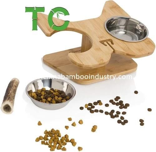 Wholesale Bamboo Raised Pet Feeder Elevated Cat Bowl Stand - 2 Stainless Steel Cat Bowls