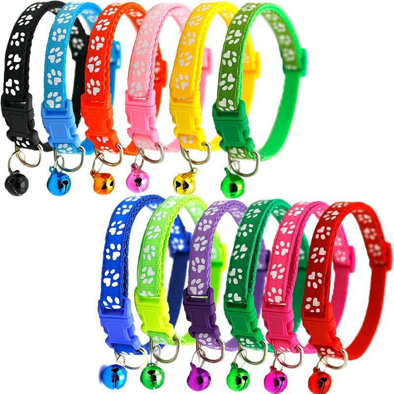 Manufacturer Wholesale Multi-Colors Paw Print Adjustable Nylon Cat Dog Collar with Bell