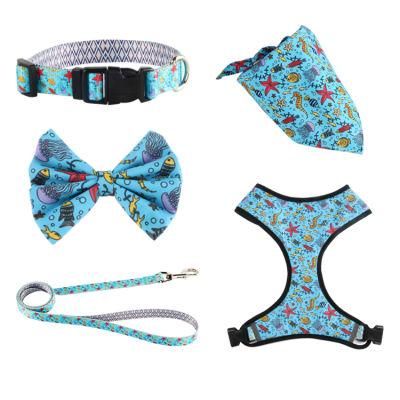 Top Seller Custom Design Reversible Dog Harness Neoprene, Custom Adjustable Collar Bow Leash Harness and Bandana Sets
