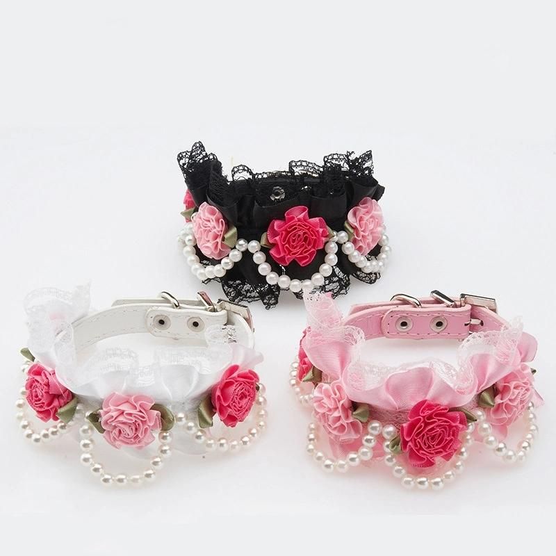 Stylish Flower Lace Pearl Pink White Black Dog Collar Cat PU Leather Collar Necklace Pet Accessories Supplies