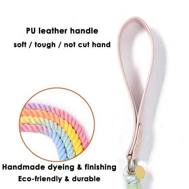 Custom Pet Collar Leash Set Ombre Braided Cotton Rope Rainbow Adjustable Soft PU Leather Dog Leash and Collar