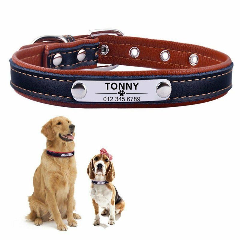 High Quality Engraved Name Leather Dog Collar Custom Pet Cat