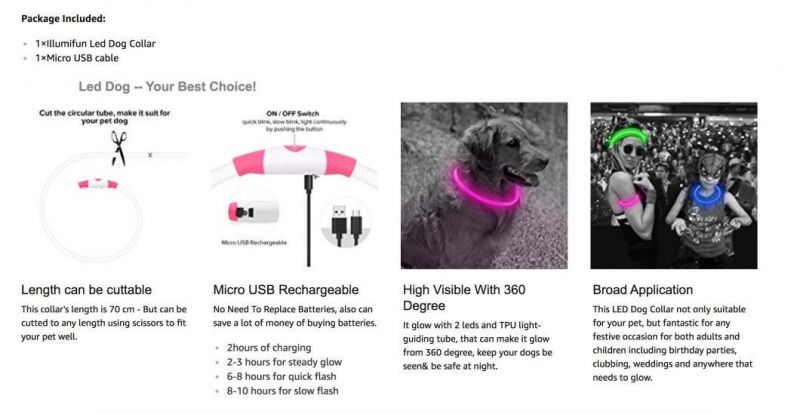 LED Dog Collar, USB Rechargeable, Glowing Pet Dog Collar Night Safety, Fashion Light up Collar Small Medium Large Dogs