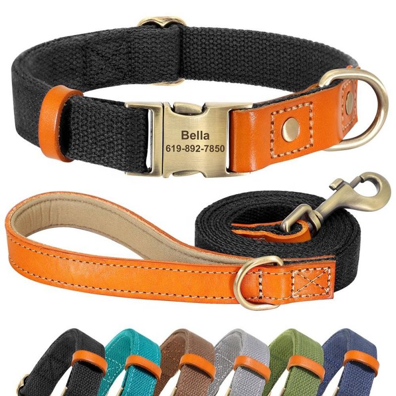 Hot Sales Genuine Leather Matching Polyester Cotton Pet Dog Collar and Leash Set