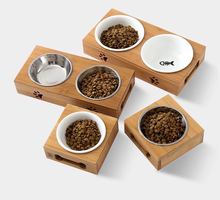 Pet Supplies Double Bowls Dog Cat Food Water Feeder Ceramic Bowl Bamboo Rack Dog Feeding Dishes Cats Drinking Bowl