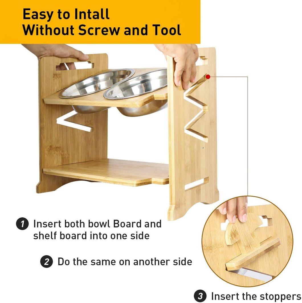 Elevated Double Bowls with Bamboo Stand Adjustable Pet Feeder