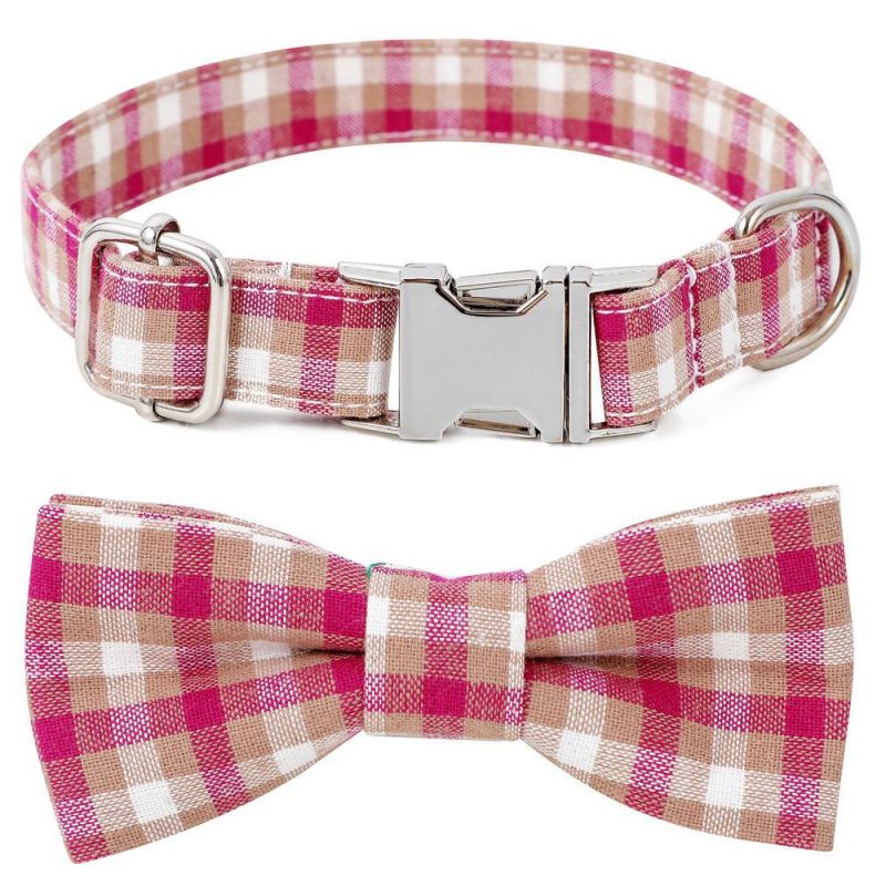 Wholesale Custom Logo Pet Supplier Polyester No Fade Plaid Silver Buckle Dog Collars with Bowtie