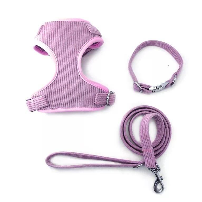 Soft Corduroy Dog Harness Set Poop Bag Dog Collar Leash Adjustable Comfortable Puppy Harness
