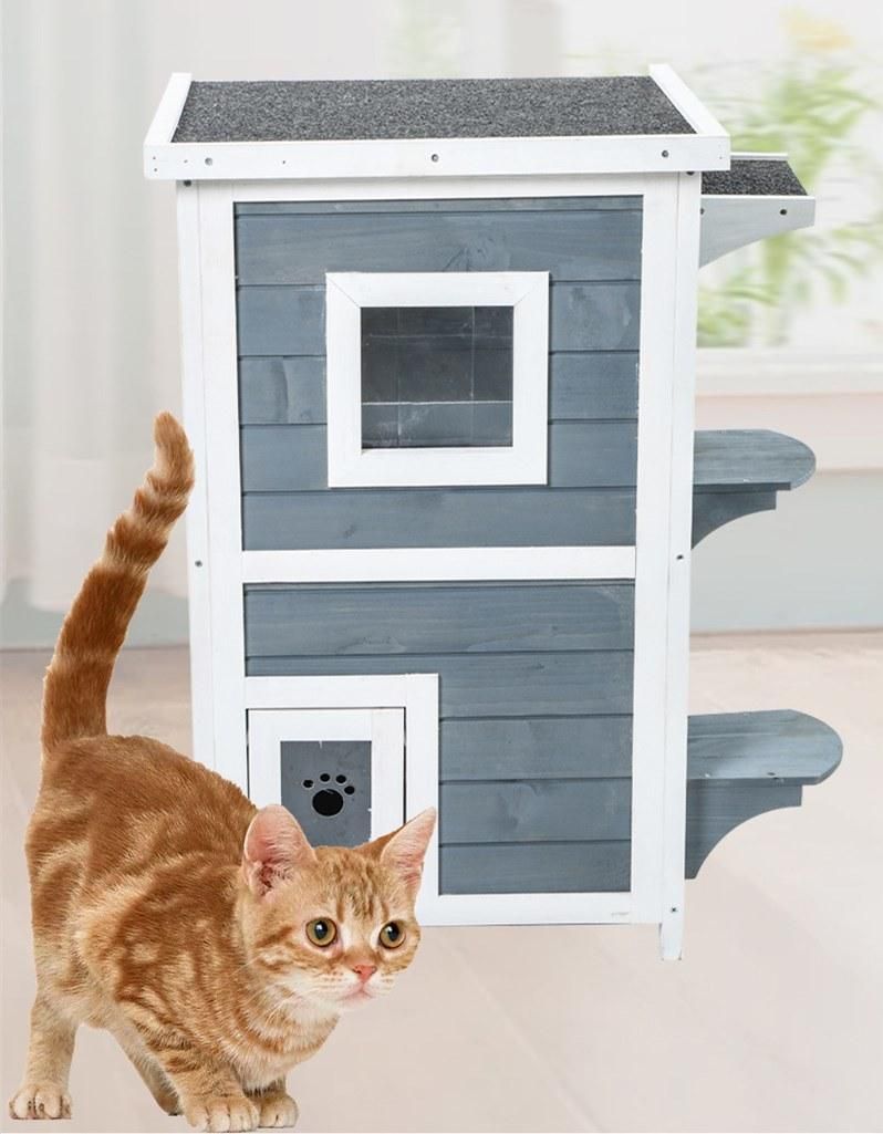 Wooden Deluxe Elevated Cat House with Porch and Balcony