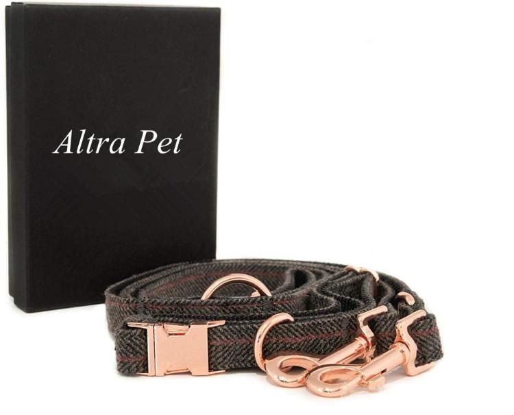 Custom Rose Gold Buckle Tweed Dog Leash with Matching Collar