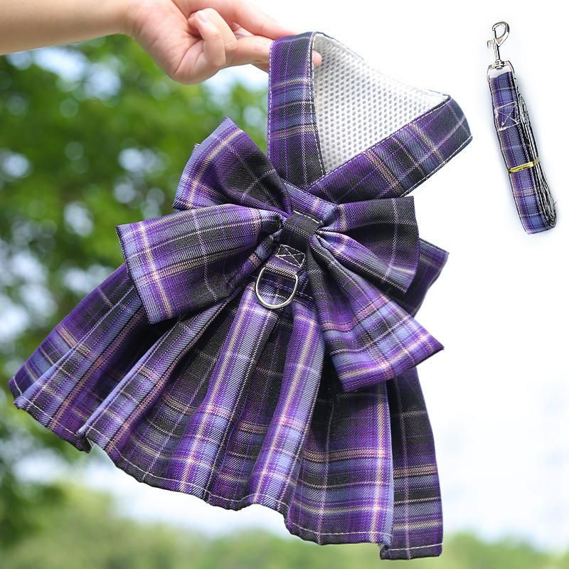 Plaid Pet Harness Vest with Dog Leash Bowknot Princess Dog Dress Puppy Costume Clothes