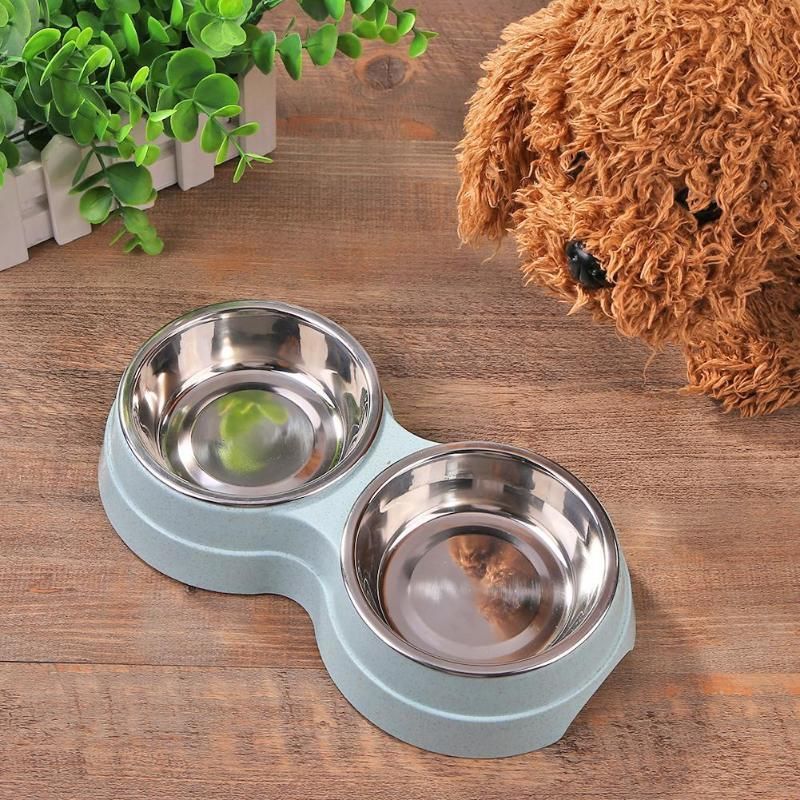 Double Bowls Dog Food Water Feeder Stainless Steel Pet Bowl