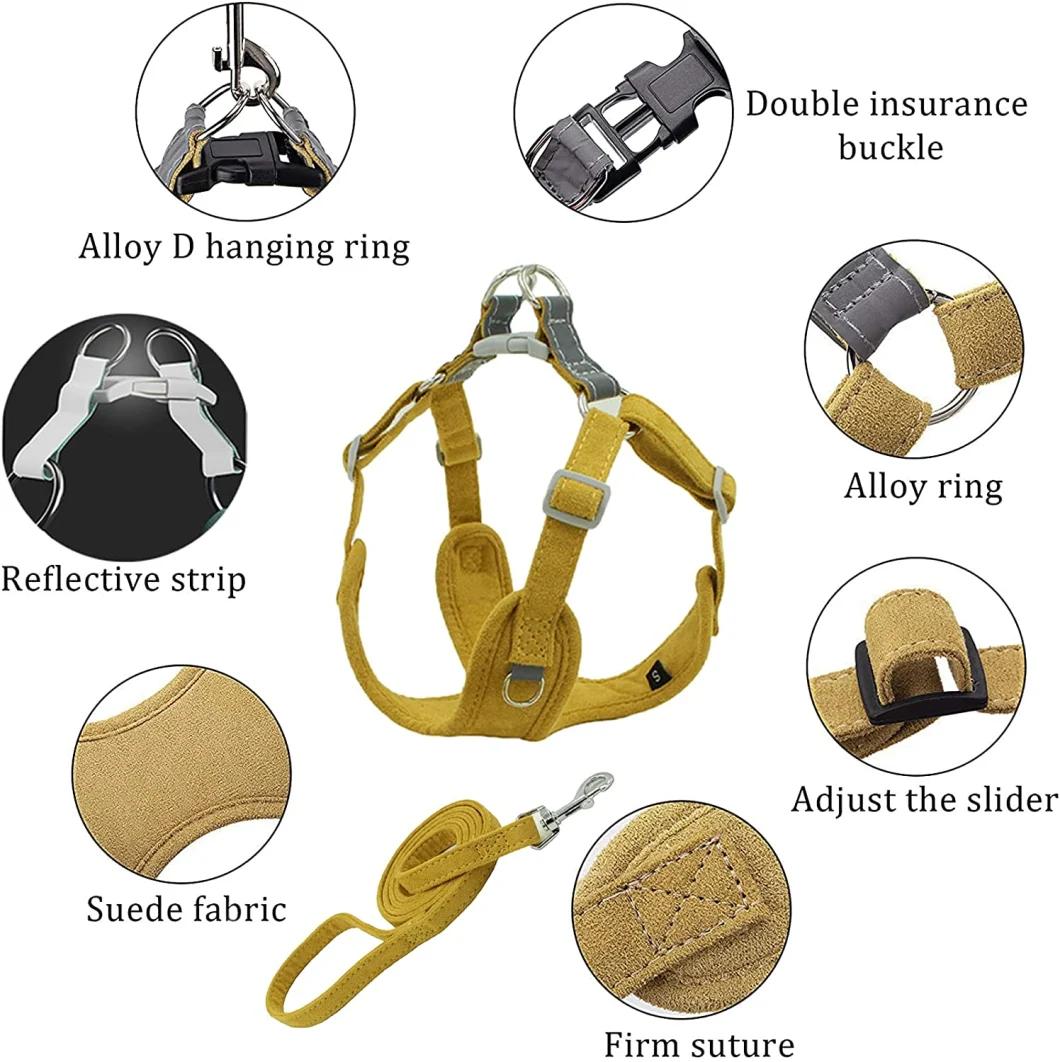 No Pull Soft Suede Dog Harness and Leash Set Lightweight Adjustable Reflective Chest Harness